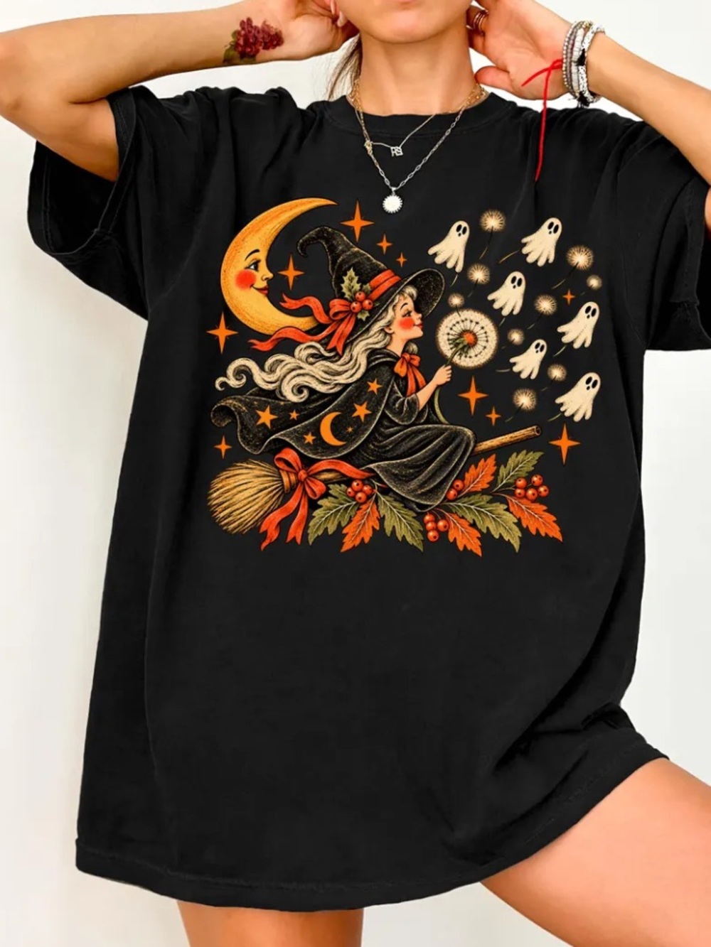 Witch Ghosts Moon Dandelion Halloween Vintage Black T-Shirt